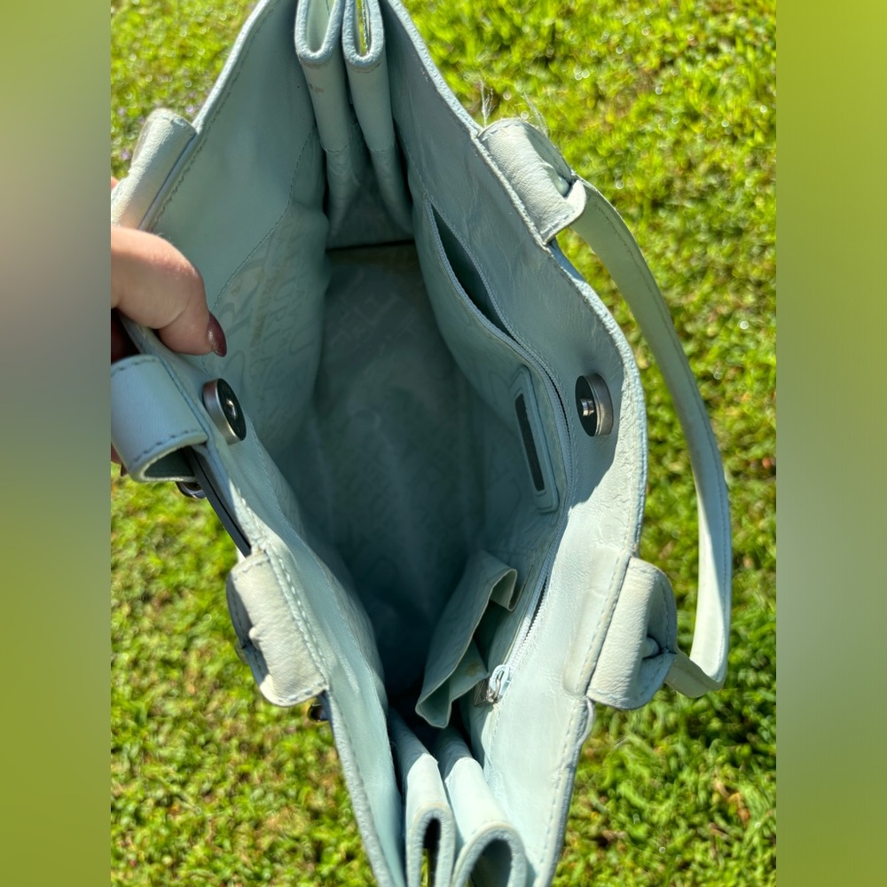 Furla Greta GUC+ Vintage Aqua Leather Double Handle Y2K Satchel Shoulder Bag - Picture 3 of 12